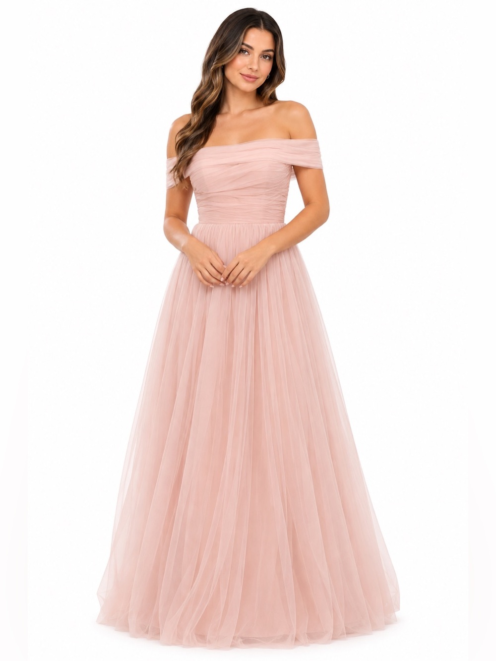 Dusty Blush Pink Off Shoulder Tulle Formal Maxi Gown Size 2